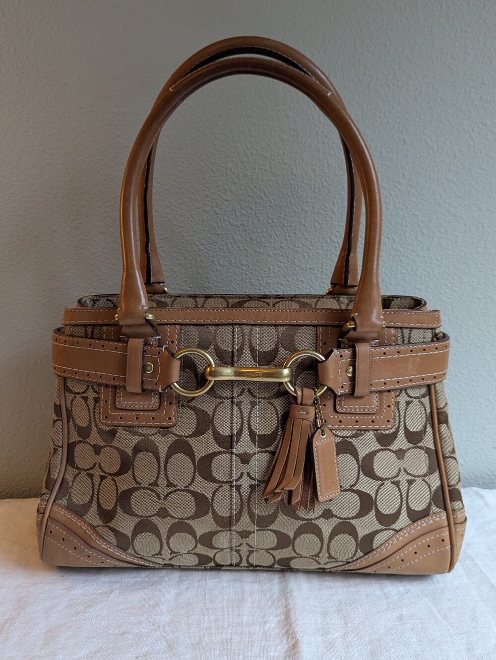 Y2K Coach Hampton Satchel Purse 10507 Signature Brown Jacquard Tote Leather Bag